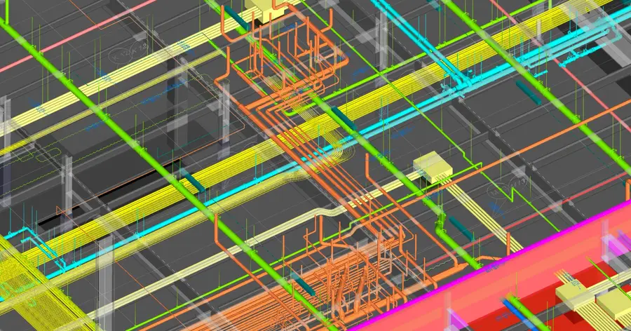 Dense MEP coordination model showing mechanical, electrical, and plumbing systems