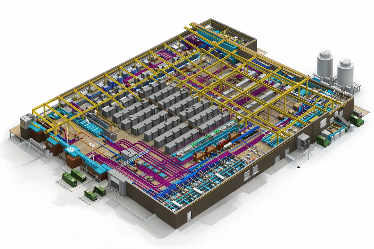 Topaz data center BIM coordination, full facility model with structural, MEP, and equipment yard